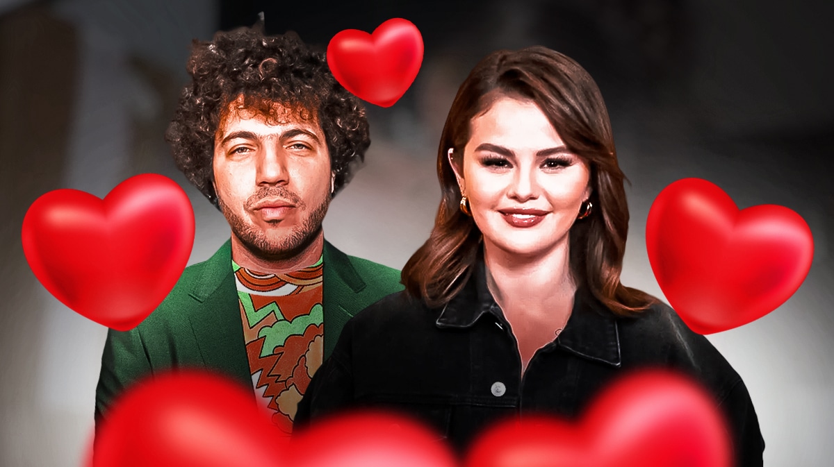 Selena Gomez and Benny Blanco with hearts around them