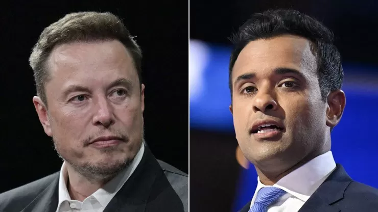 Multimillionaire Elon Musk and entrepreneur Vivek Ramaswamy. Photo: CNN/Getty Images.