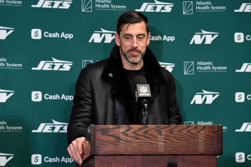 New York Jets quarterback Aaron Rodgers talks with the media following an NFL football game against the Buffalo Bills, Sunday, Dec. 29, 2024, in Orchard Park, N.Y. 