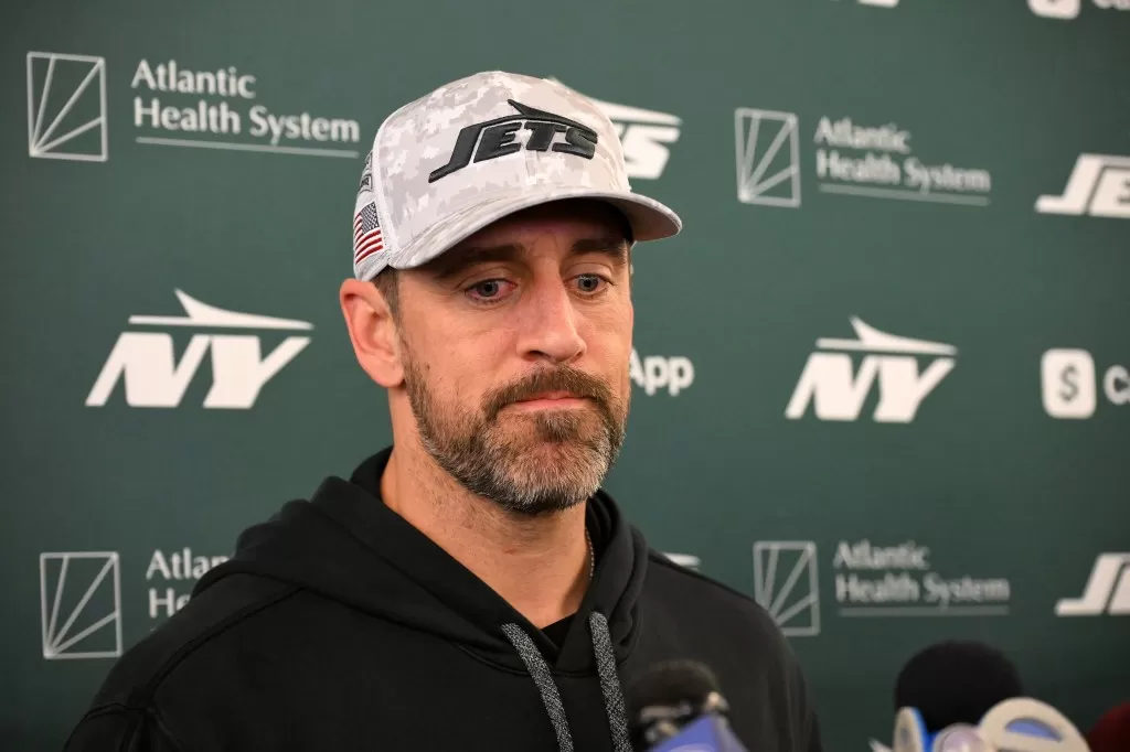 ets quarterback Aaron Rodgers speaks to the media after practice in Florham Park, NJ on New Year's Day.