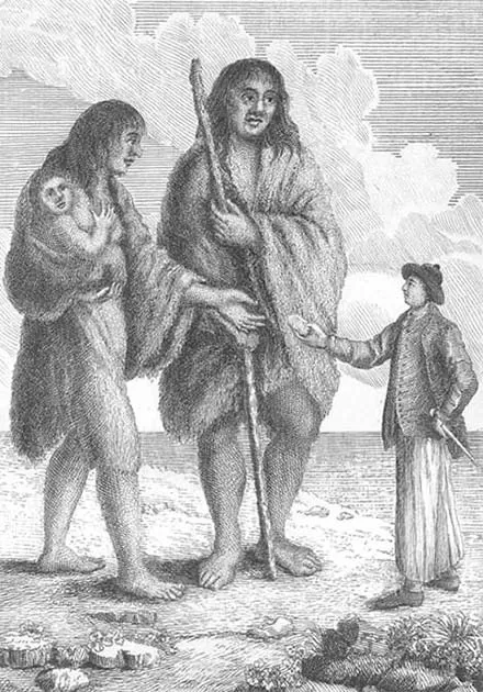 Marin anglais offrant du pain à une géante de Patagonie dans la première édition italienne du livre de John Byron « Un voyage autour du monde à bord du navire de Sa Majesté, le Dolphin » (Londres, 1767). (Princeton)