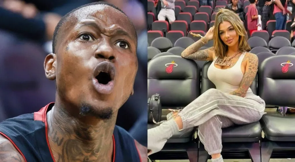 Terry Rozier en la cancha y Celina Powell posando durante el partido de los Miami Heat