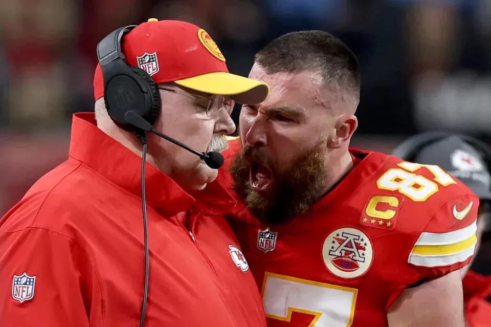 Kelce yells into the face of his coach, Andy Reid (Getty Images)