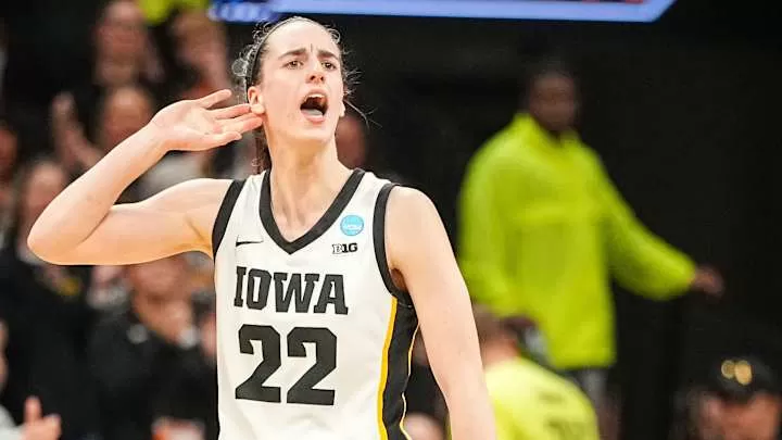 Iowa Hawkeyes guard Caitlin Clark (22) celebrates in the final seconds of a second-round NCAA Tournament game between Iowa and West Virginia, Monday, March 25, 2024 at Carver Hawkeye Arena in Iowa City.