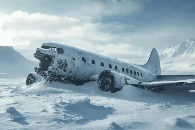 A Crumbling Airplane Wreckage in a Snowy Landscape | Premium AI-generated image