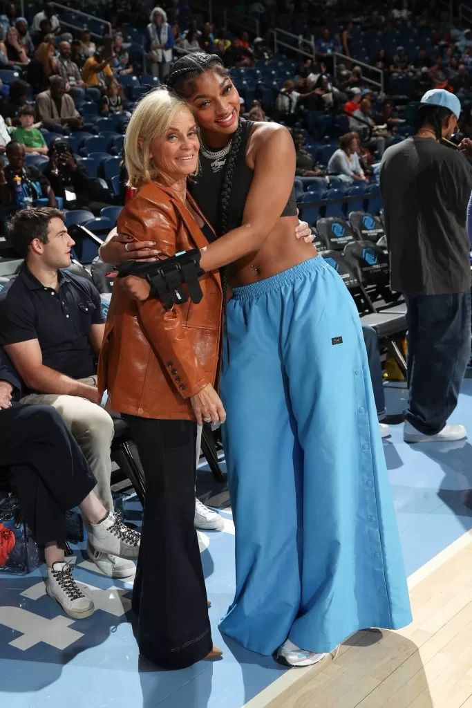 LSU women's basketball coach Kim Mulkey and Angel Reese #5 of the Chicago Sky pose for a photo on September 8, 2024 at the Wintrust Arena in Chicago, IL.  