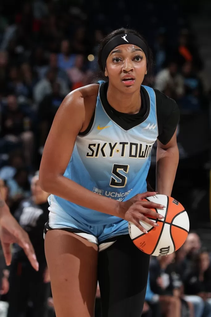 Angel Reese #5 of the Chicago Sky handles the ball during the game against the Los Angeles Sparks on September 6, 2024 at the Wintrust Arena in Chicago, IL. 