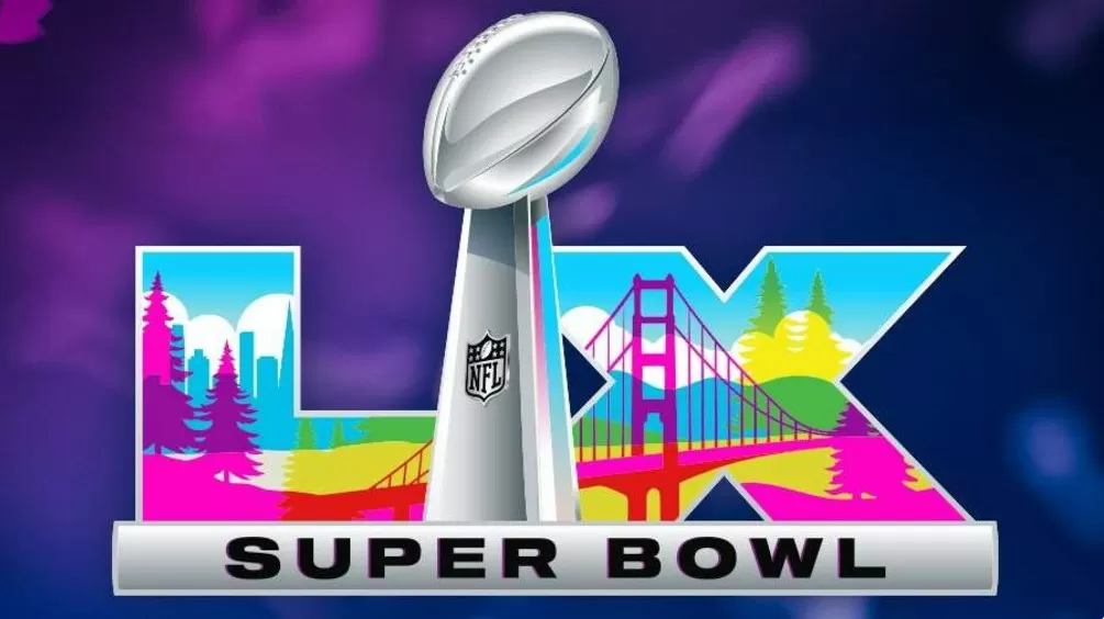 Illustration of Super Bowl LX logo featuring the Lombardi Trophy and the Golden Gate Bridge.