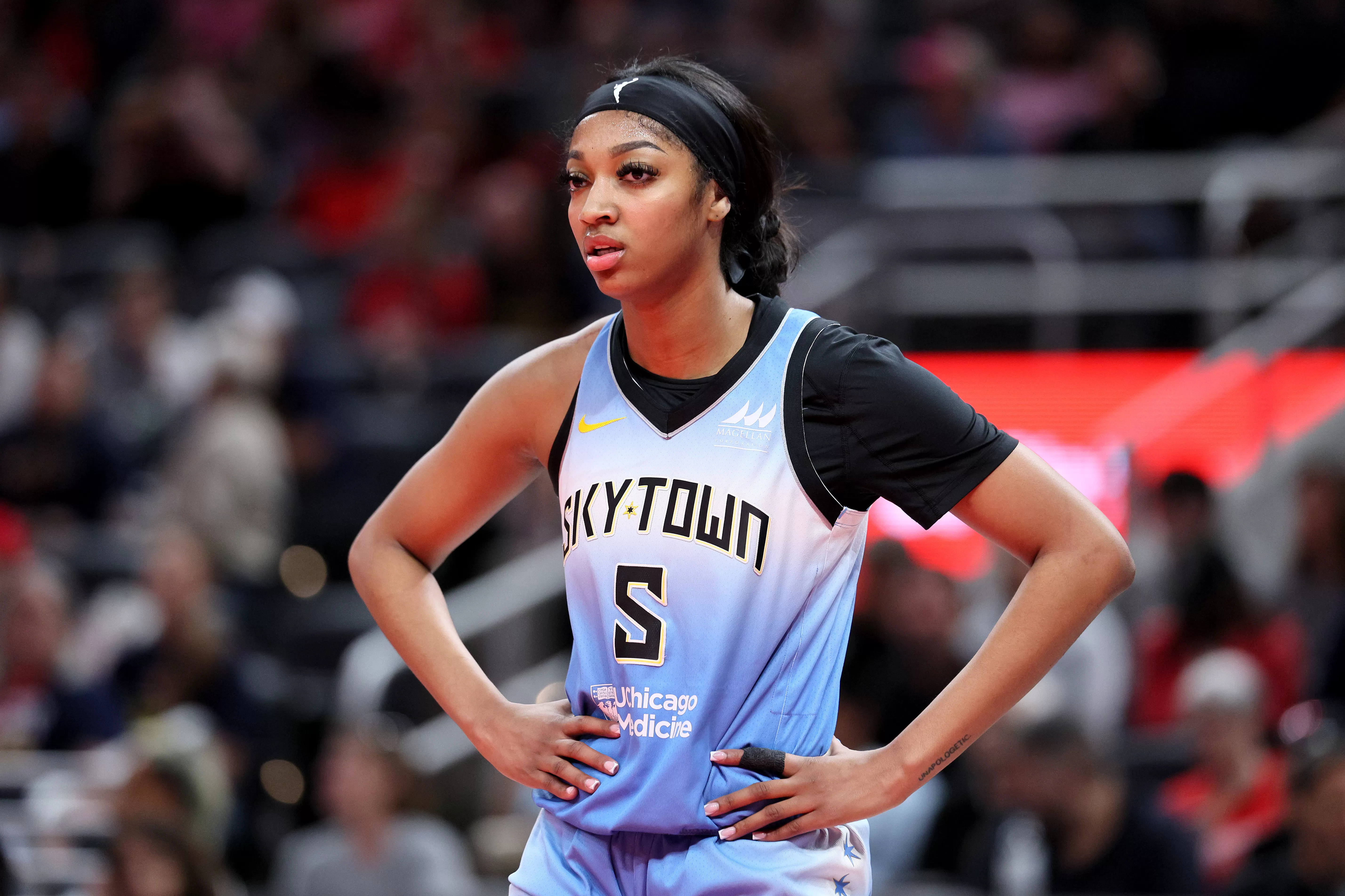 INDIANAPOLIS, INDIANA - JUNE 01: Angel Reese #5 of the Chicago Sky looks on against the Indiana Fever during the first quarter in the game at Gainbridge Fieldhouse on June 01, 2024 in Indianapolis, Indiana. NOTE TO USER: User expressly acknowledges and agrees that, by downloading and or using this photograph, User is consenting to the terms and conditions of the Getty Images License Agreement. (Photo by Andy Lyons/Getty Images)