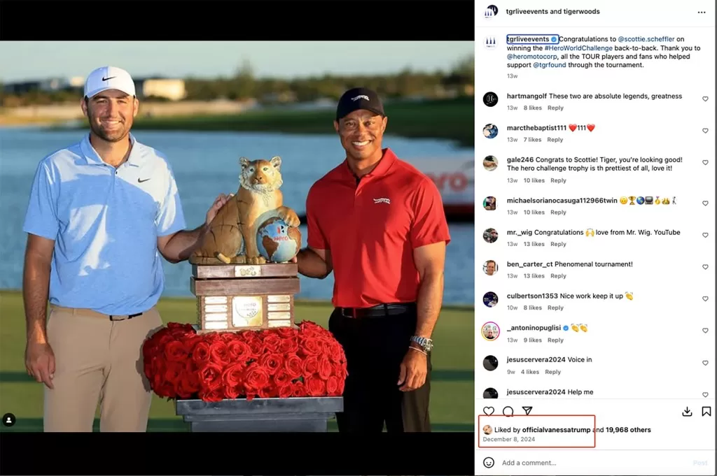 Vanessa Trump liking social media posts about Tiger Woods. 