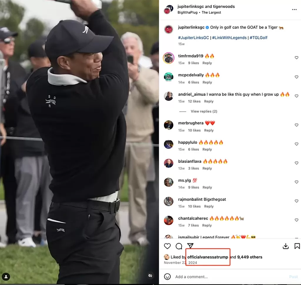 Vanessa Trump liking social media posts about Tiger Woods. 