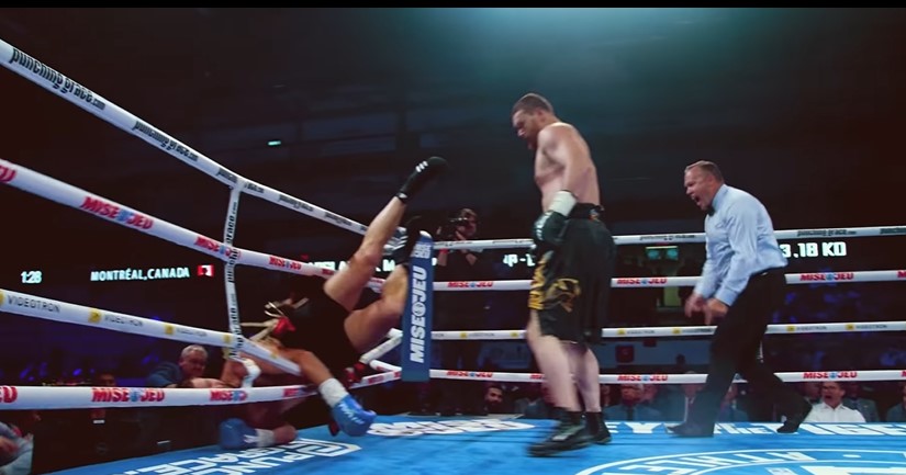 Makhmudov comically sent his rival tumbling out of the ring with his first knockdown