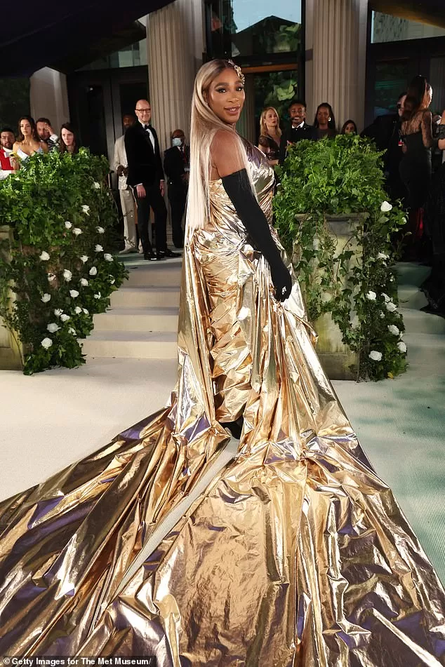 Serena Williams serves up a fashion ace in a metallic gold Balenciaga gown  with a dramatic train as she attends the 2024 Met Gala | Daily Mail Online