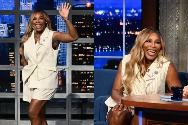 Serena Williams Puts a Pinstripe Spin on the Vest Trend for 'Stephen Colbert'  Appearance, Talks 'In the Arena: Serena Williams' Documentary Series