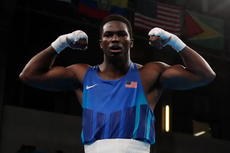 US' Joshua Edwards celebrates after defeating Cuba's Fernando Arzola in the men's +92kg semifinals bout boxing event during the Pan American Games Santiago 2023 at the Olympic Training Centre (CEO) in Santiago on October 26, 2023. (Photo by Javier TORRES / AFP) (Photo by JAVIER TORRES/AFP via Getty Images)