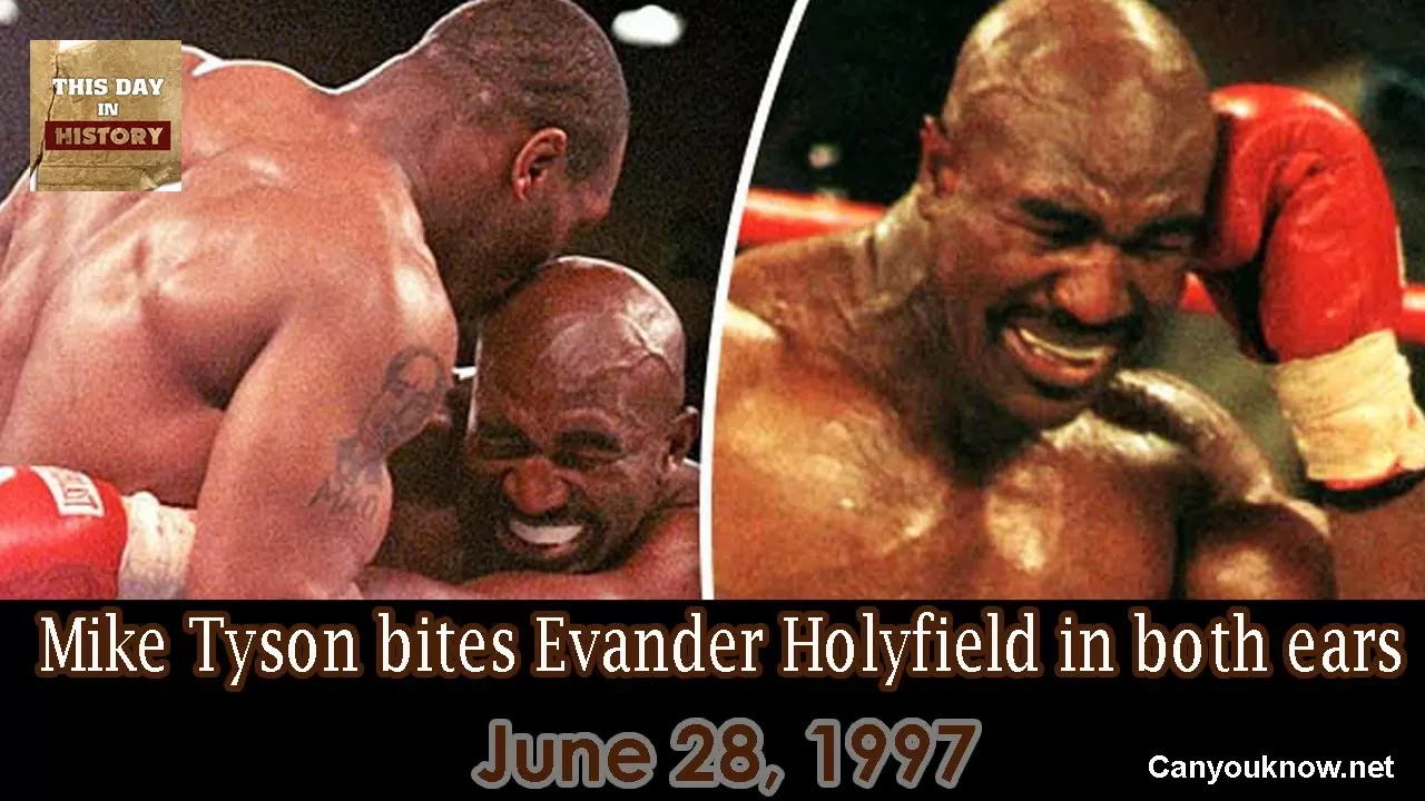 Mike Tyson bites off chunk of Evander Holyfield’s ear in world title fight  June 28, 1997