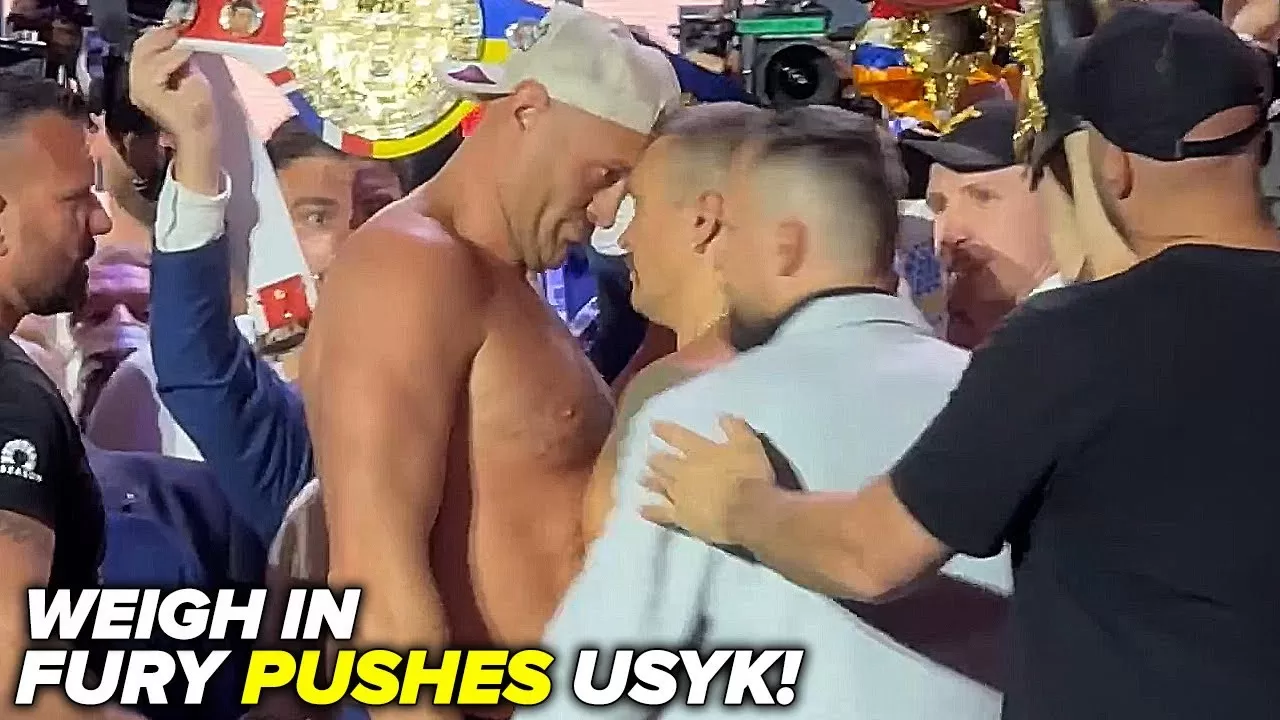 Tyson Fury PUSHES Oleksandr Usyk as teams nearly BRAWL at weigh in! -  YouTube