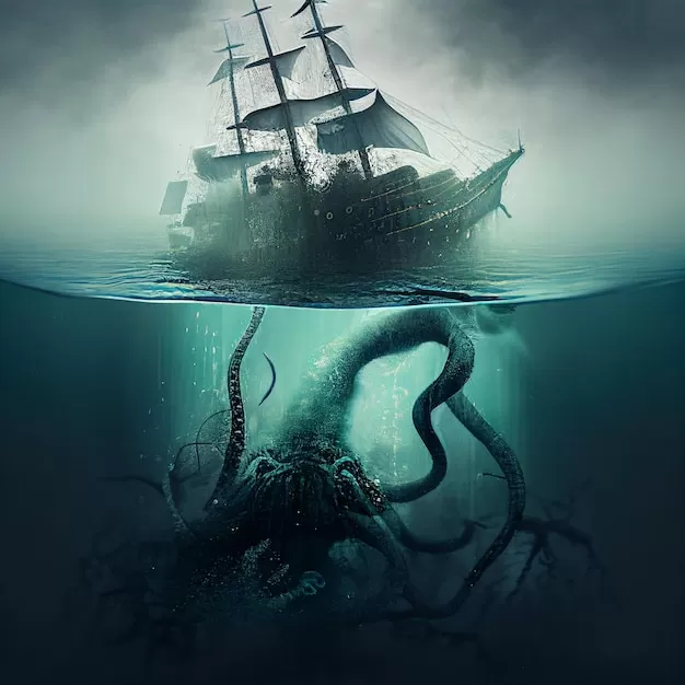 There is a ship with a giant octopus in the water generative ai | Premium AI-generated image