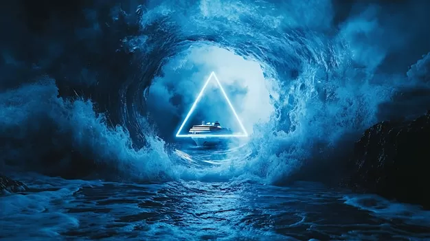 A glowing triangle creates a portal within a raging ocean wave revealing a ship sailing through the storm | Premium AI-generated image