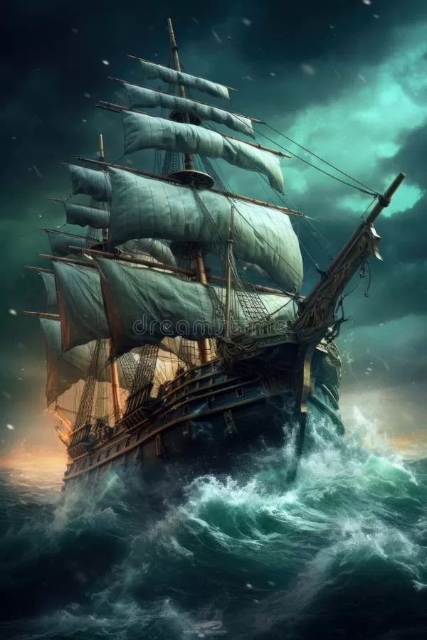 Pirate Ship is in the Ocean during Heavy Storm, Dramatic Sky. Beautiful  Illustration Picture Stock Illustration - Illustration of drawn, trendy:  279779029