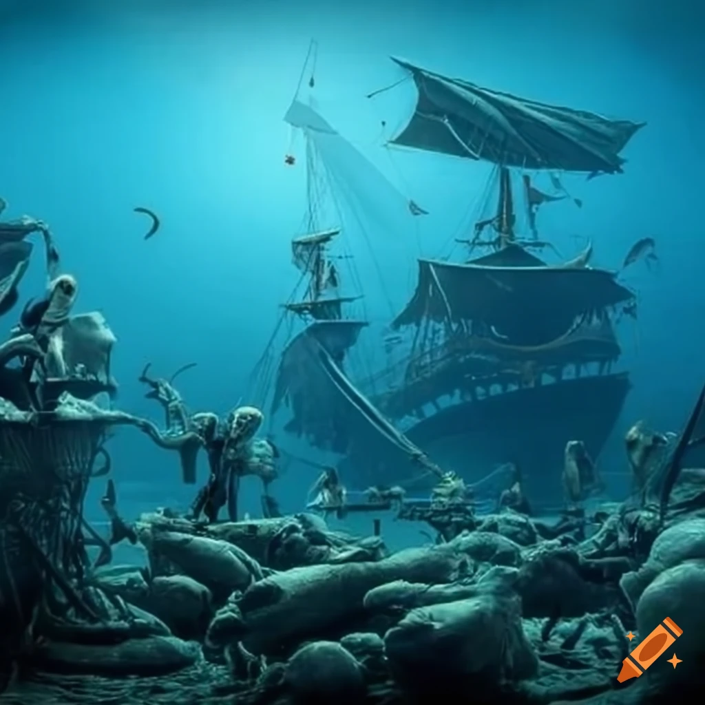 Image of skeleton pirates on a sunken ship in the deep ocean on Craiyon