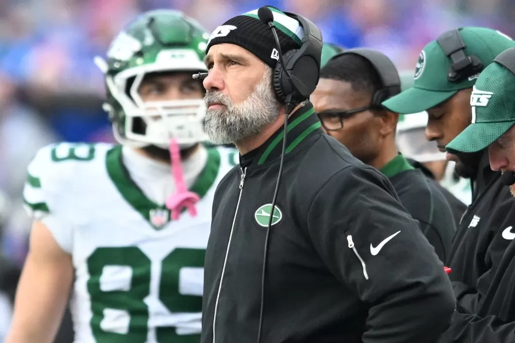 Jets head coach Jeff Ulbrich on the sideline in the third quarter against the Bills at Highmark Stadium.