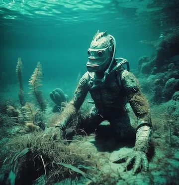 Ein Taucher in einer Unterwasserwelt mit einer großen Wasserfläche und einem Schild mit der Aufschrift „Unterwasser“ | Ausgewähltes Bild, generiert durch künstliche Intelligenz