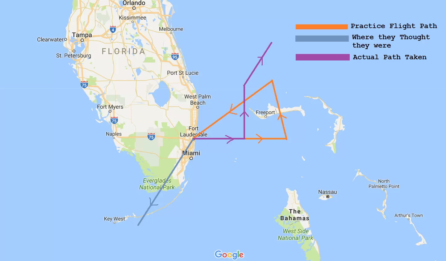 Flight 19's path the day it disappeared. No trace every found. The ...