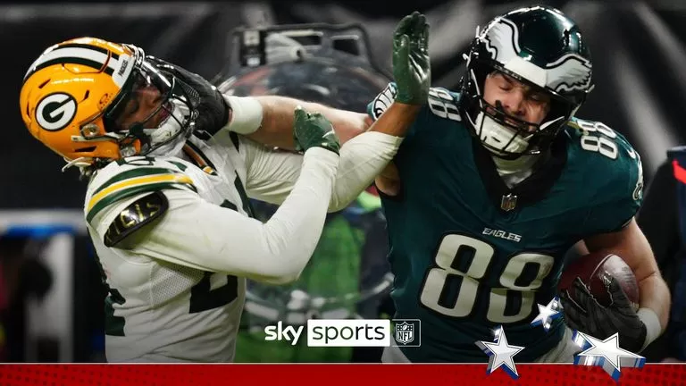 Philadelphia Eagles tight end Dallas Goedert scored a touchdown after  moving a Green Bay Packers defender out the way with not one, but two  stiff-arms.