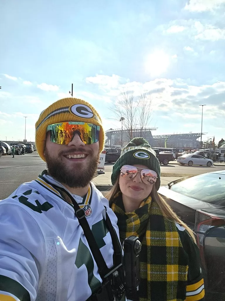 Aly Keller and fiancé, Alexander Basara are sen at Lincoln Financial Field before the game. 