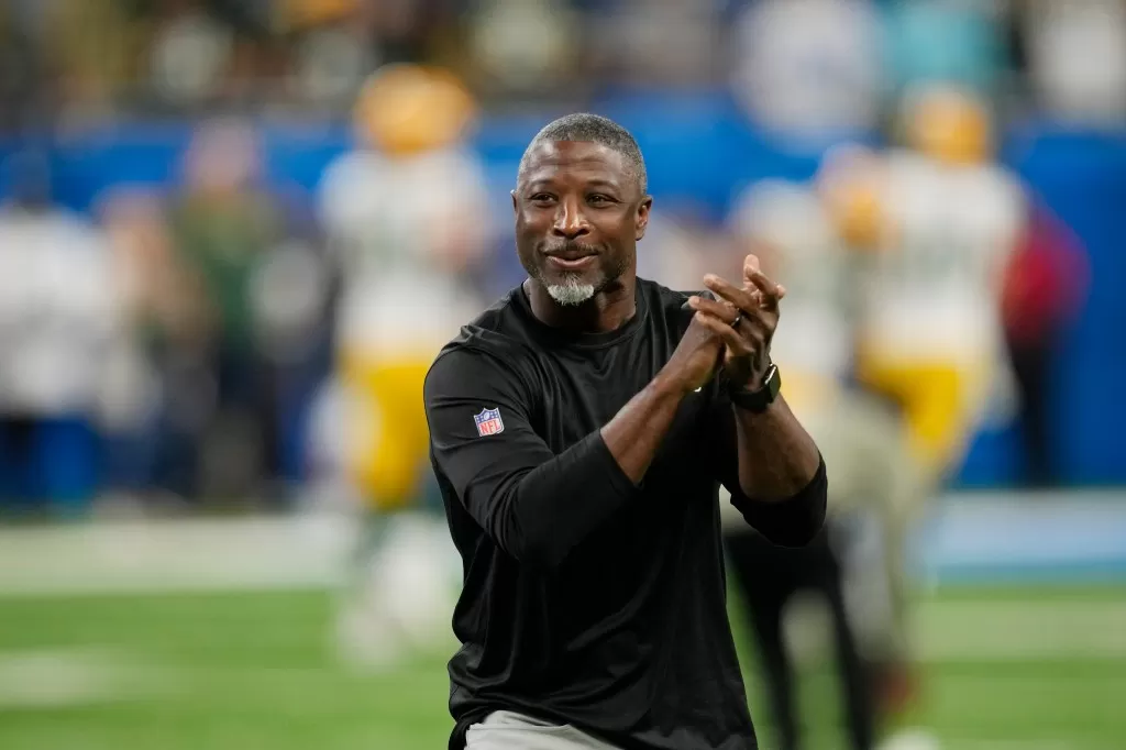 Detroit Lions defensive coordinator Aaron Glenn looks on during pregame of an NFL football game against the Green Bay Packers, Nov. 6, 2022, in Detroit. 