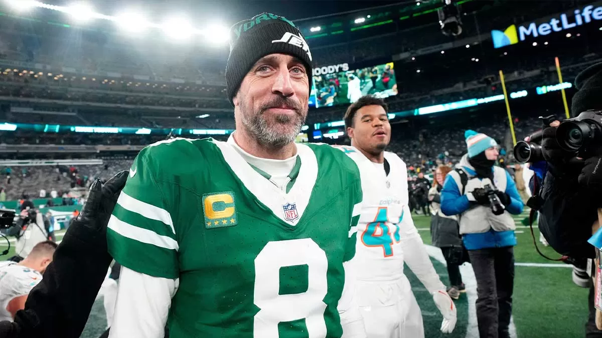 New York Jets quarterback Aaron Rodgers (8) is shown after he led Gang Green to a 32-20 victory against the Miami Dolphins, on Jan. 5, 2025, in East Rutherford, N.J.