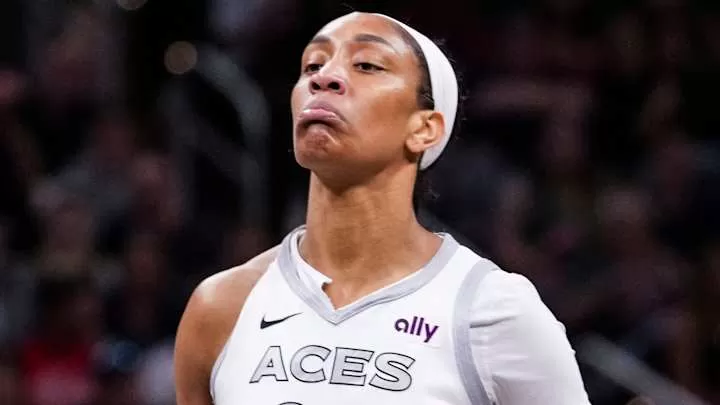 Las Vegas Aces center A'ja Wilson (22) reacts after scoring Wednesday, Sept. 11, 2024, during a game between the Indiana Fever and the Las Vegas Aces at Gainbridge Fieldhouse in Indianapolis.