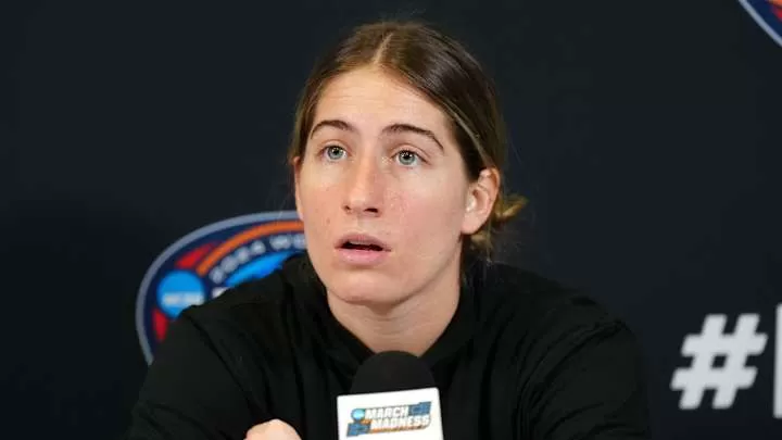 Apr 6, 2024; Cleveland, OH, USA; Iowa Hawkeyes guard Kate Martin speaks at press conference at Rocket Mortgage FieldHouse. Mandatory Credit: Kirby Lee-Imagn Images