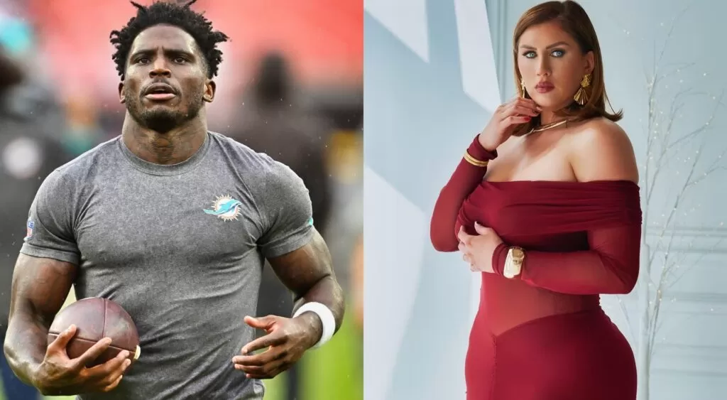 Photos of Tyreek Hill holding football and shophie hill posing in dress