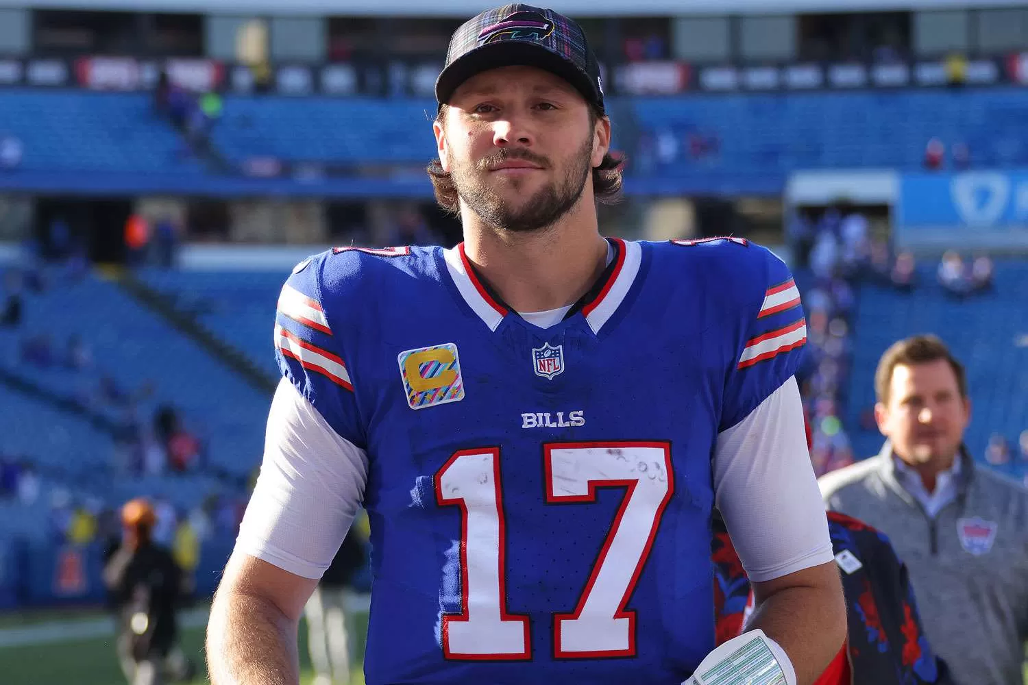 Josh Allen 17 of the Buffalo Bills celebrates after defeating the Tennessee Titans 34-10 at Highmark Stadium on October 20, 2024 in Orchard Park, New York.