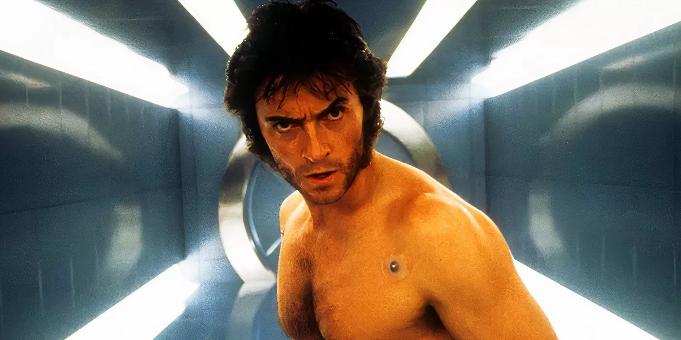 Hugh Jackman shirtless as Wolverine in the X-Mansion in X-Men (2000)