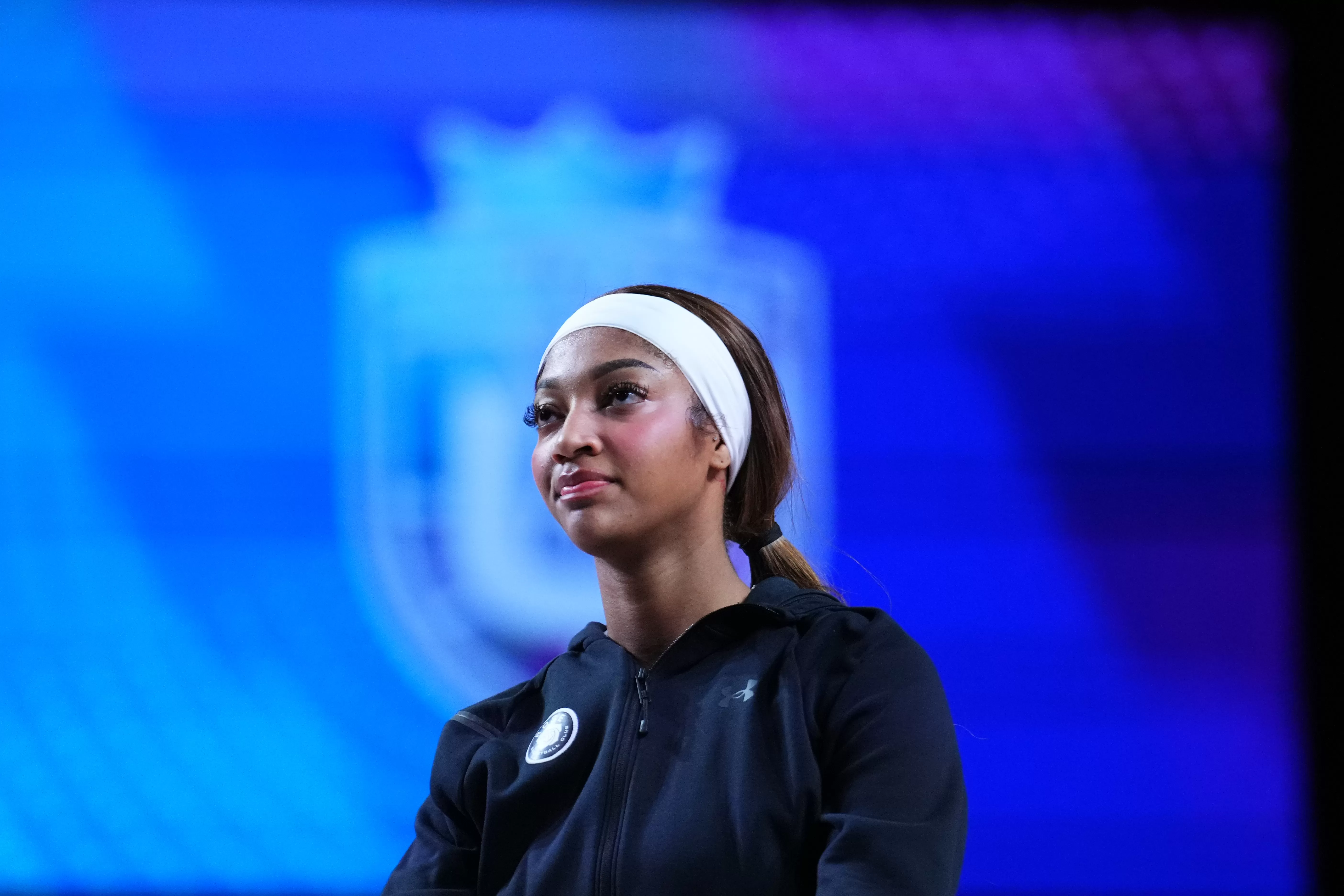 MEDLEY, FLORIDA - FEBRUARY 07: Angel Reese #5 of Rose warms up prior to the third quarter against the Mist at Wayfair Arena on February 07, 2025 in Medley, Florida. (Photo by Rich Storry/Getty Images)