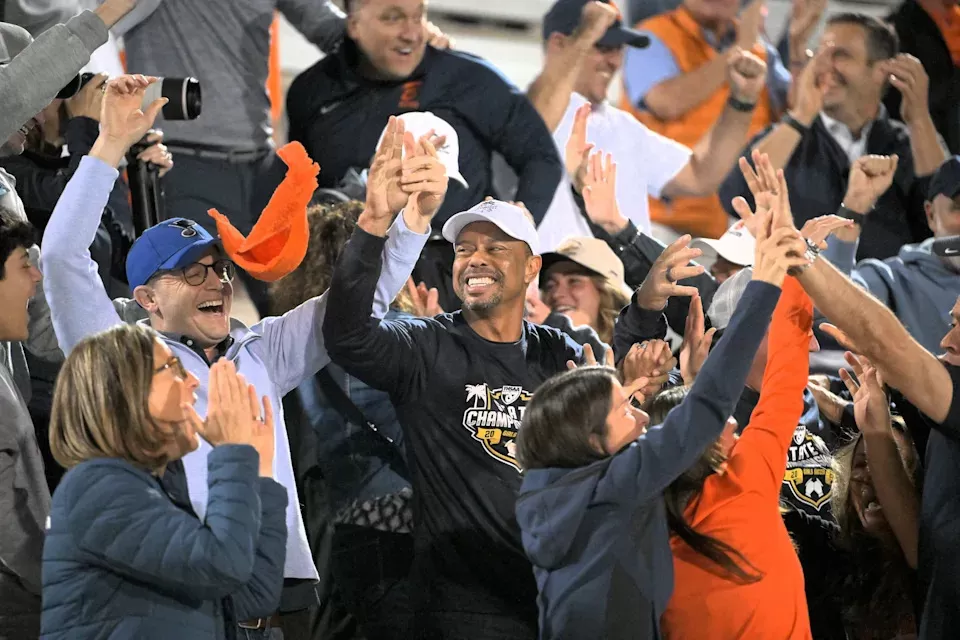 Tiger Woods cheers on daughter Sam during Benjamin's girls soccer state championship on Mar. 1, 2025.