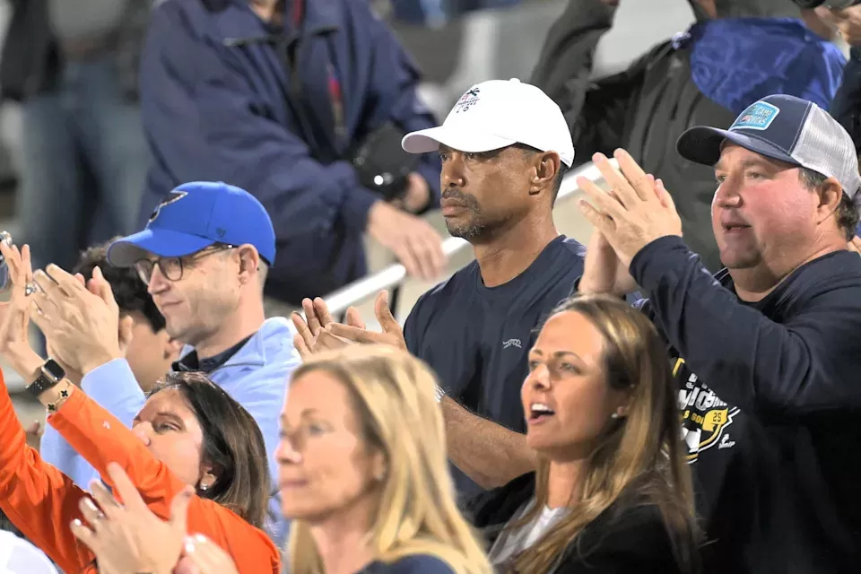 Tiger Woods cheers on daughter Sam during Benjamin's girls soccer state championship on Mar. 1, 2025.