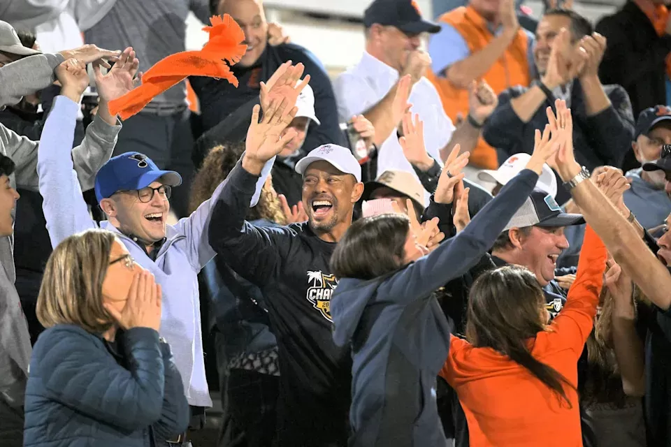 Tiger Woods cheers on daughter Sam during Benjamin's girls soccer state championship on Mar. 1, 2025.