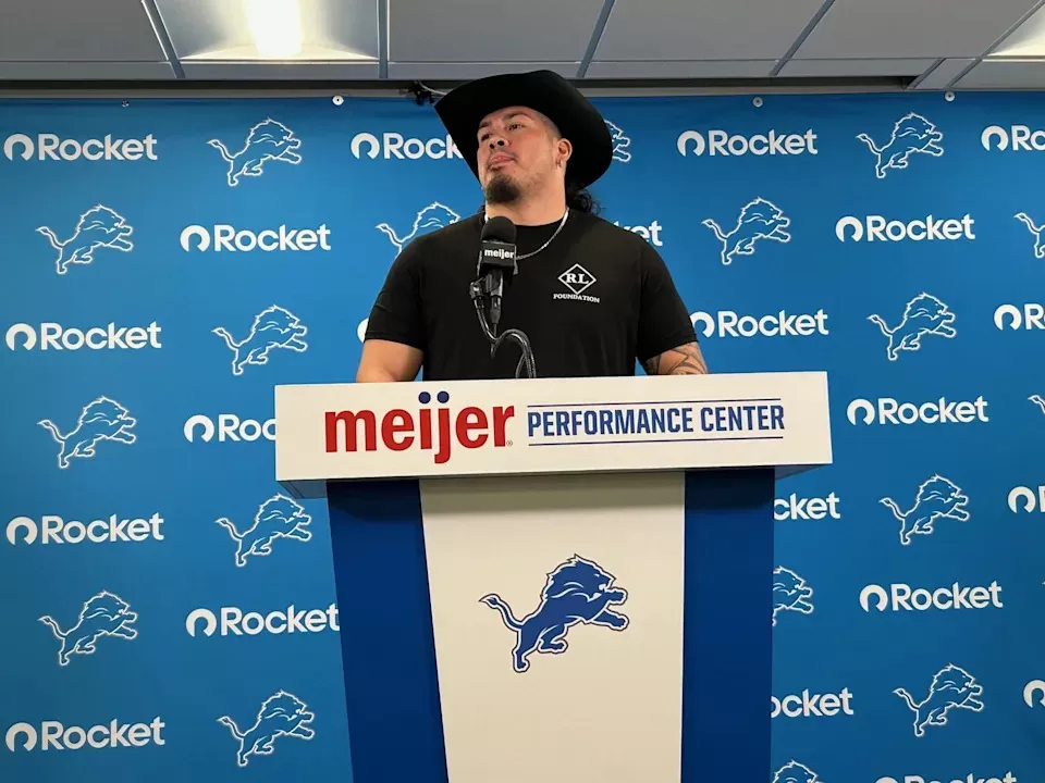 New Lions defensive lineman Ray Lopez addresses the media at team headquarters in Allen Park on Thursday, March 13, 2025.