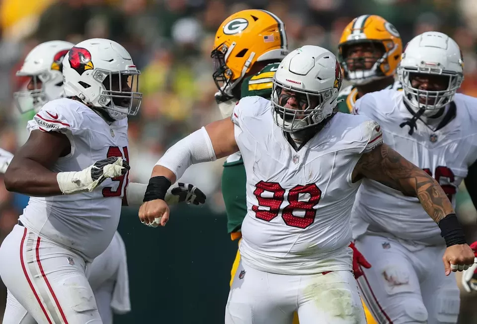 Arizona Cardinals defensive tackle Roy Lopez (98) reacts after making a tackle for loss against the Green Bay Packers on Sunday, October 13, 2024, at Lambeau Field in Green Bay, Wis. The Packers won the game, 34-13