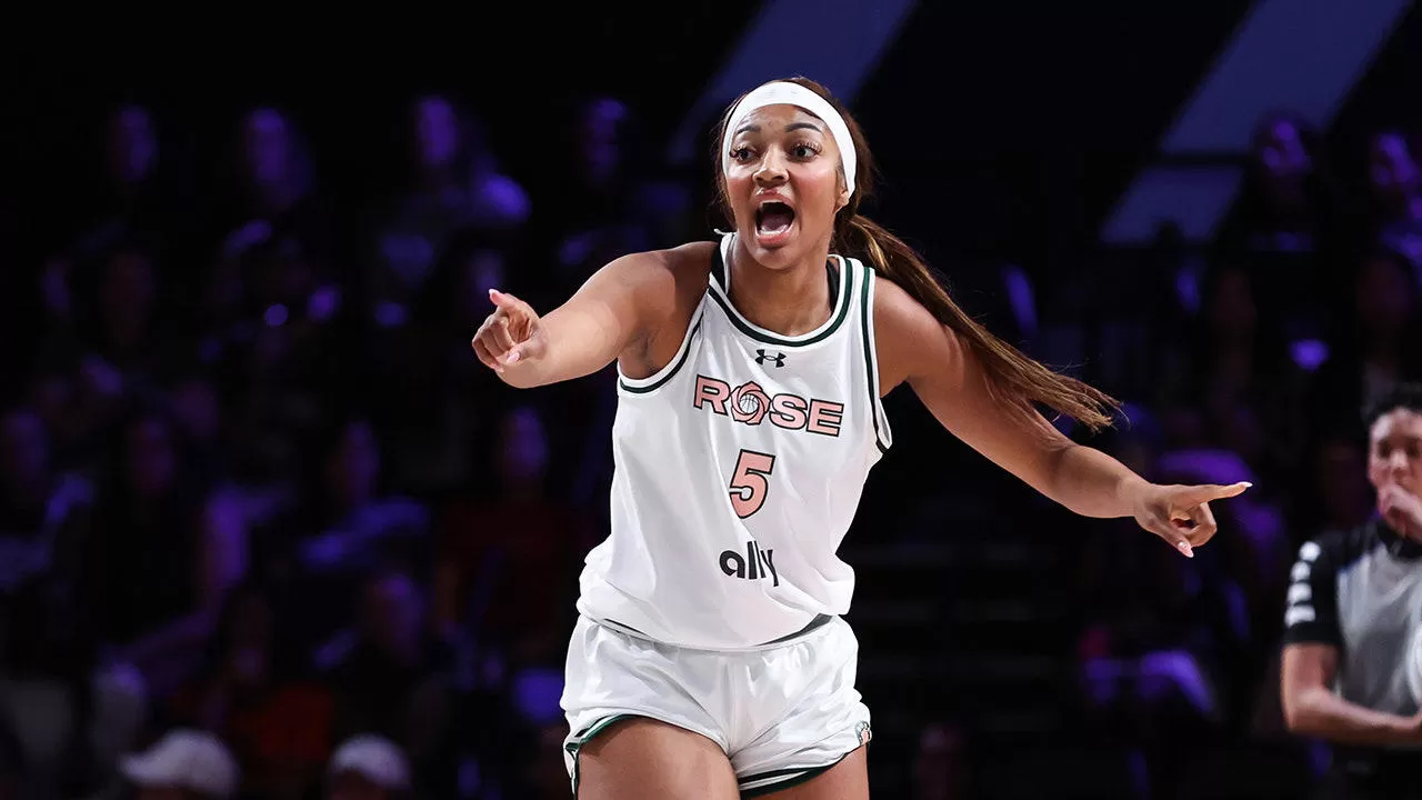 Angel Reese, #5 of Rose, reacts during the first quarter of the game against the Phantom at Wayfair Arena on January 31, 2025, in Medley, Florida. Getty Images