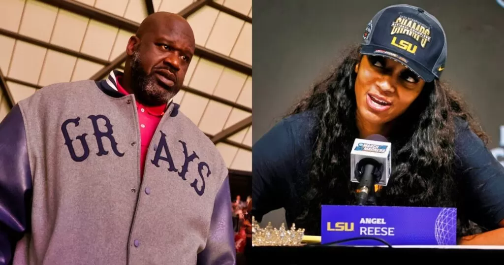 Shaquille O'Neal en veste grise. Angel Reese à la tribune.