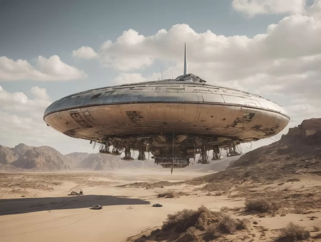 Premium Free ai Images | spaceship floating above ground cables futuristic desert