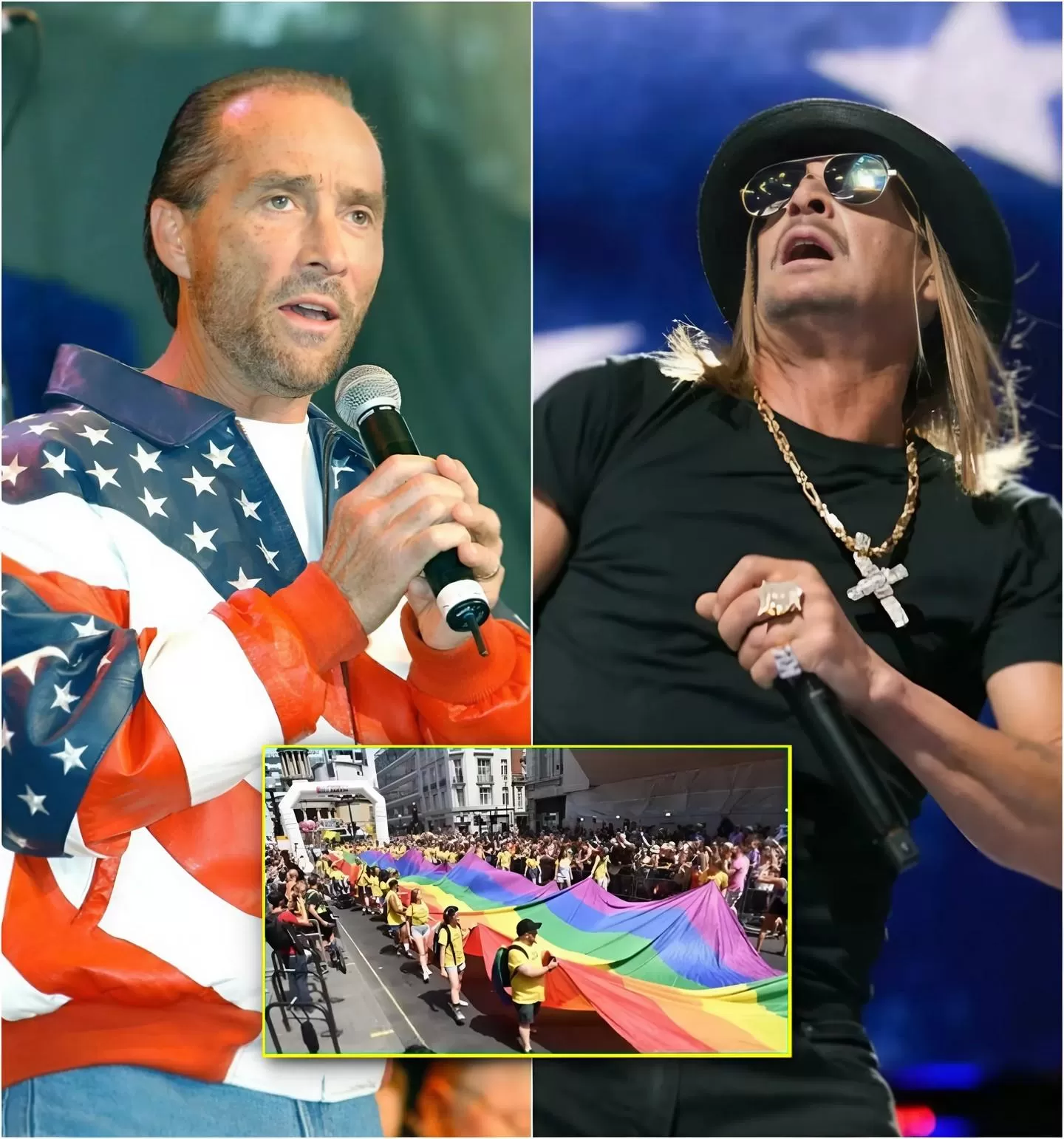 Cover Image for 3 MINUTES AGO: Kid Rock and Lee Greenwood call for Veterans Month to take priority over Pride Month and face a wave of fierce criticism.