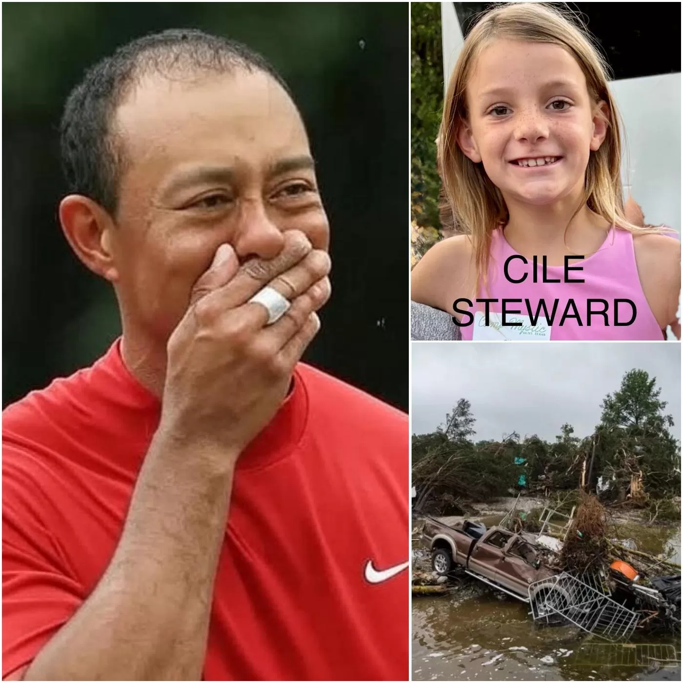 Cover Image for 10 MINUTES AGO: A true miracle happened when Tiger Woods went directly to the scene to assist in the rescue efforts for victims still missing after the devastating floods in Texas. In a miraculous turn of events, he discovered a little girl hiding inside a Styrofoam water barrel floating in the raging floodwaters, she introduced herself as Cile Steward…