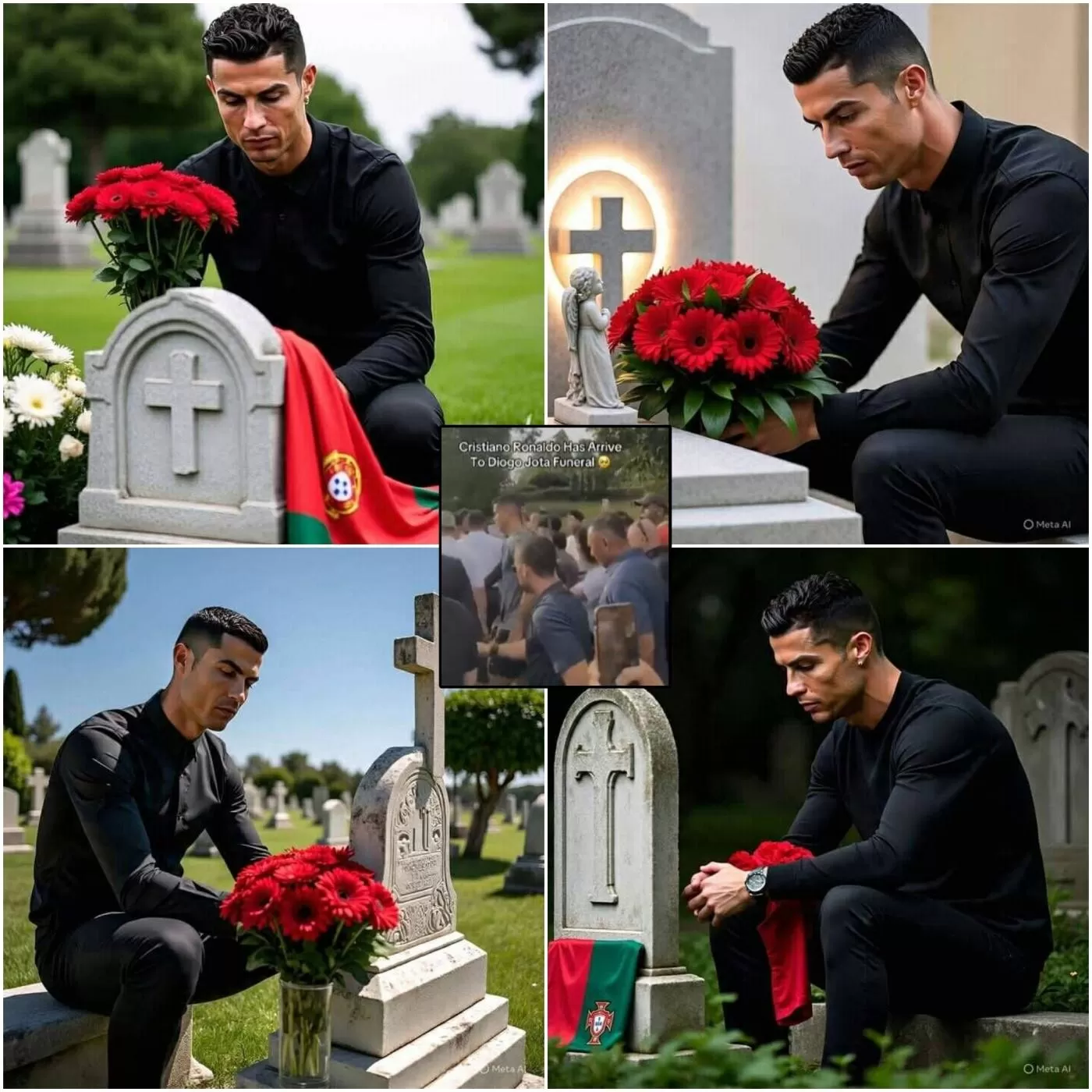Cover Image for 🔴 CAOS TOTAL! Ronaldo surpreende a todos ao aparecer no funeral de Diogo Jota — UMA CENA BIZARRA capturada por câmeras deixa milhões de pessoas arrepiadas! Um vídeo em close mostra Ronaldo saindo silenciosamente de um carro preto, com os olhos vermelhos, sem dizer nada e passando direto pela segurança — na seção de comentários 👇