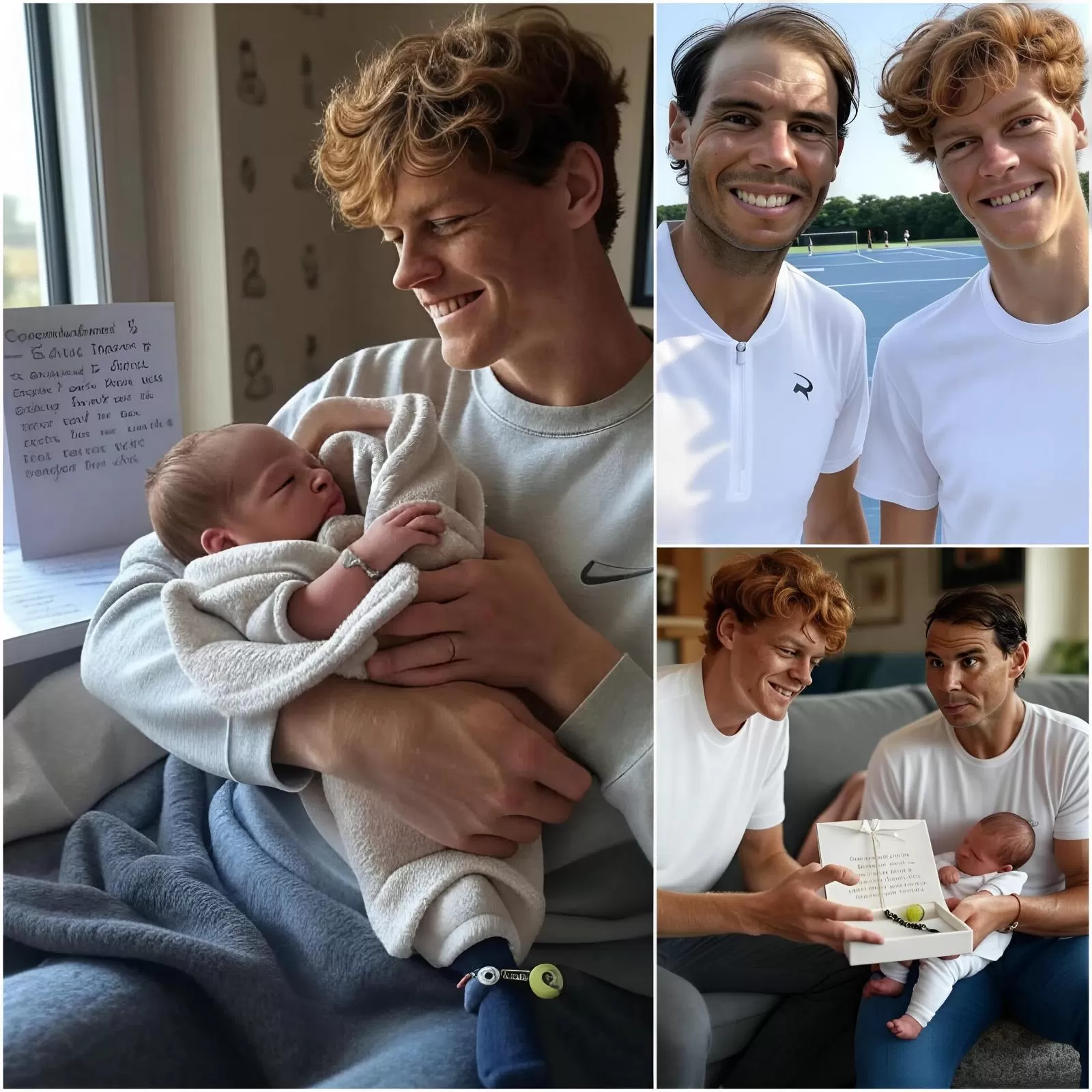 Cover Image for Jannik Sinner sorprendió a todos regalándole al recién nacido de Rafael Nadal una pulsera de la suerte, grabada con una pequeña pelota de tenis, acompañada de una emotiva nota manuscrita: “¡Felicidades, Rafael Nadal, por ser padre de nuevo! ¡Que tu familia siempre esté llena de risas y alegría con este nuevo miembro!”. Tras el encuentro, Sinner reveló el singular nombre del bebé, lo que desató una gran emoción entre los fans.